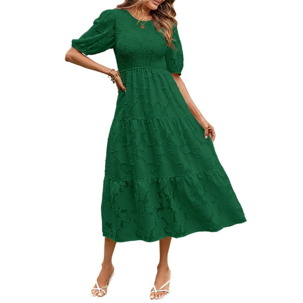 Lucakuins - Vestido midi de verano para mujer, línea A, manga corta, cuello redondo, cintura alta, vestido floral de encaje Lucakuins moda