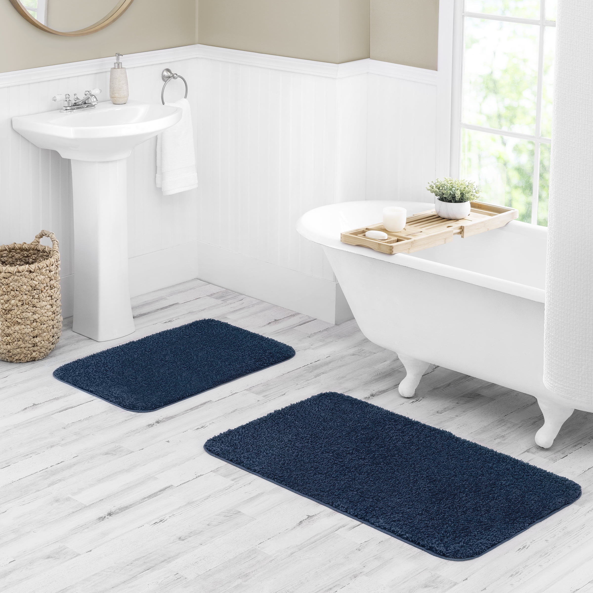 Mainstays Basic 2-Piece Polyester Bath Rug Set, Navy, 20" x 32"