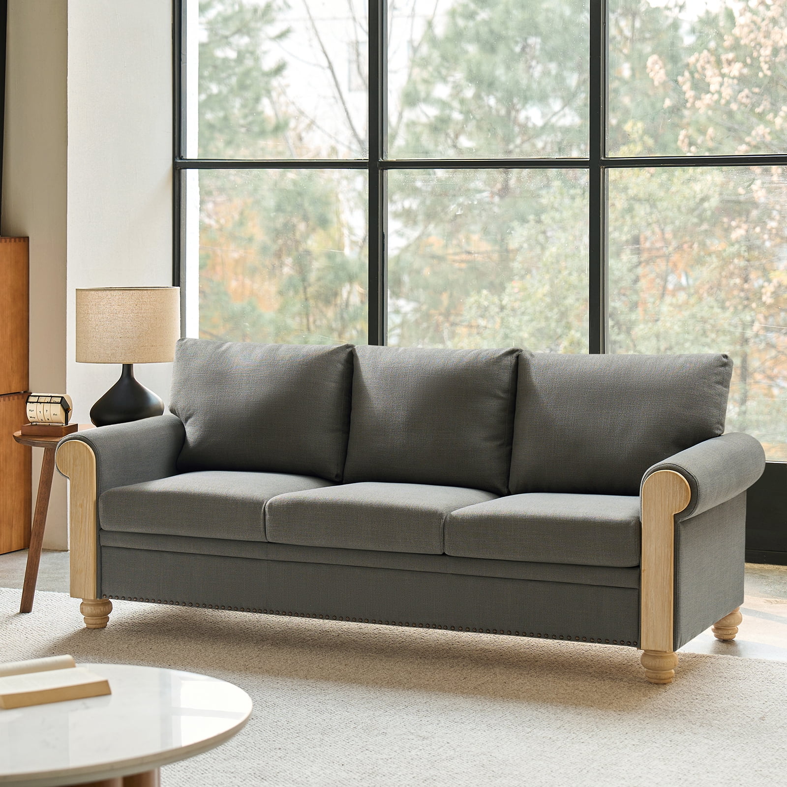 81" 3-Seater Farmhouse Sofa with Rolled Arms, Solid Wood Legs & Linen Upholstery for Living Room, Charcoal
