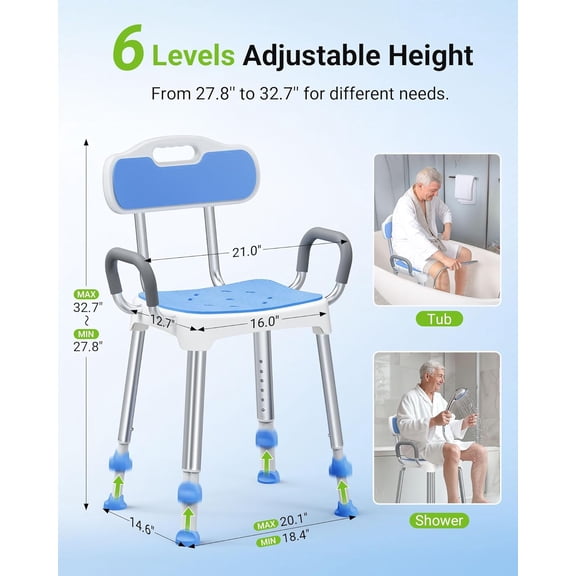 Widened Shower Chair with Padded Back & Arms, 400 lbs Heavy Duty Adjustable Bath Seat for Elderly
