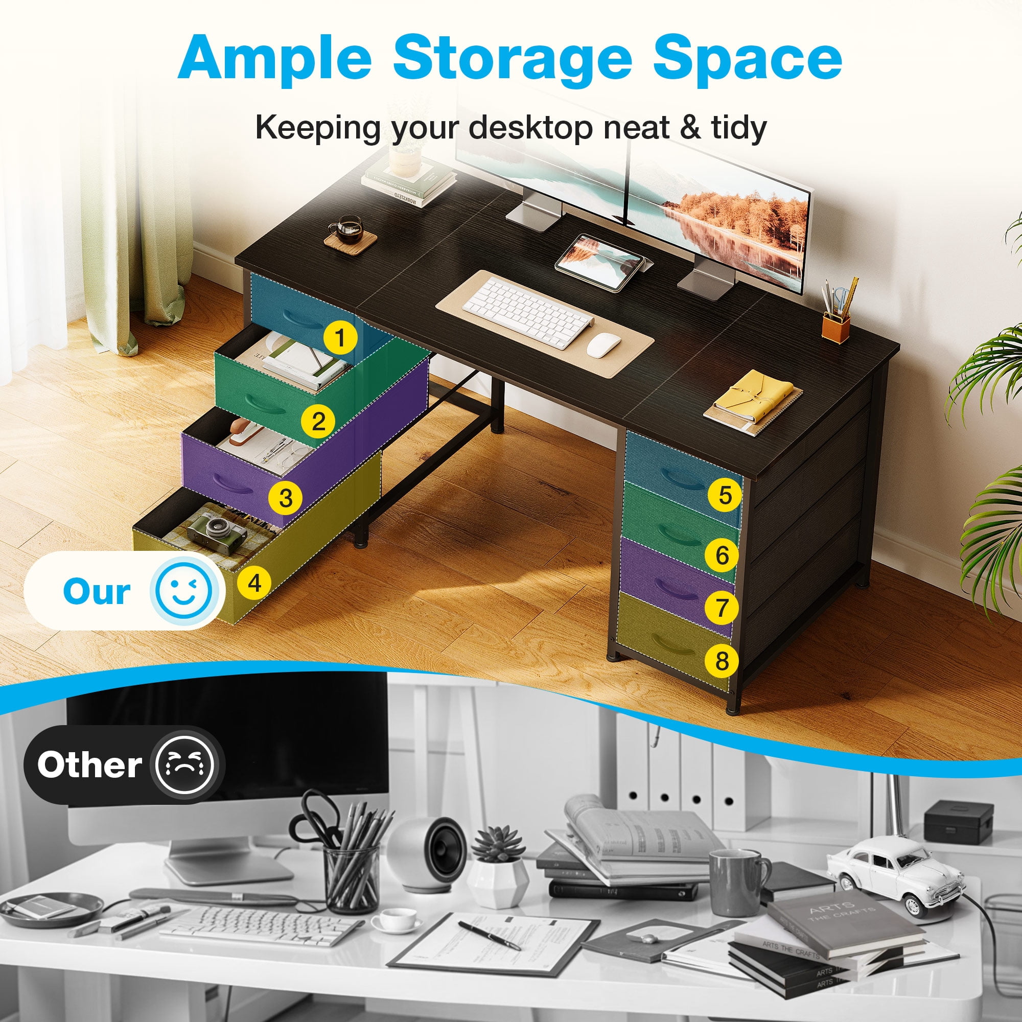 Black Computer Desk with Drawers for Storage - 48 inch Home Office Desk with 8 Fabric Drawers, Writing Study Desk with Drawers on Both Sides for Bedroom