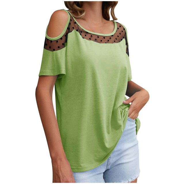 Kovlvoll Hauts pour Femmes Col Rond Patchwork en Dentelle Épaules Dénudées Manches Courtes T-Shirts Décontractés Amples Blouse d'Été