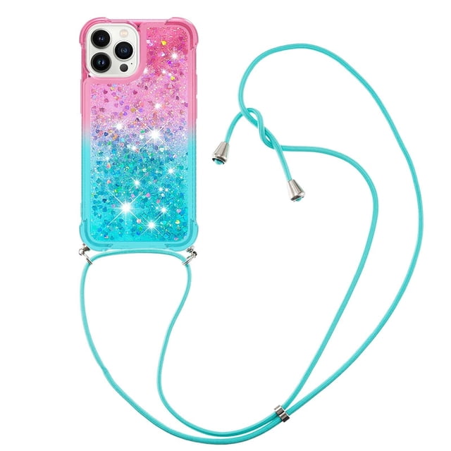 Funda para iPhone 16 PRO Brillantina Líquida Divertida Reluciente y con Cristales en Movimiento Cuerpo Cruzado con Cordón Ajustable