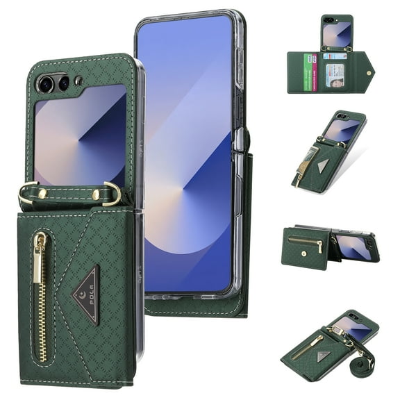Allytechgroup Galaxy Z Flip 5 Case Wallet, Shockproof Phone Case with Zipper Pocket and Detachable Crossbody Shoulder Strap Protective Case Cover for Samsung Galaxy Z Flip 5, Darkgreen