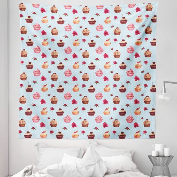 Cupcake Tapestry, Valentines Lovers Muffins with Romantic Roses Cherry on Polka Dot Retro Background, Fabric Wall Hanging Decor for Bedroom Living Room Dorm, 5 Sizes, Multicolor, by Ambesonne