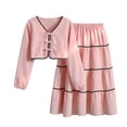 thumbnail image 4 of ZACPNCV Girls Elegant 2 Piece Skirt Set Long Sleeve V Neck Bow Front Top and Tiered Long Skirt Set Casual Spring Girls Suit 14-15Years Pink, 4 of 9