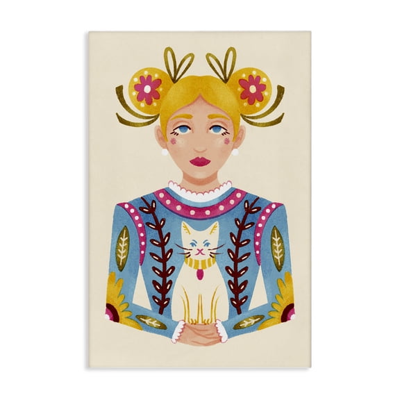 Stupell Industries Blonde Folk Girl with Cat Portrait Painting Wrapped Canvas Canvas Art Print Wall Art, 16 x 24