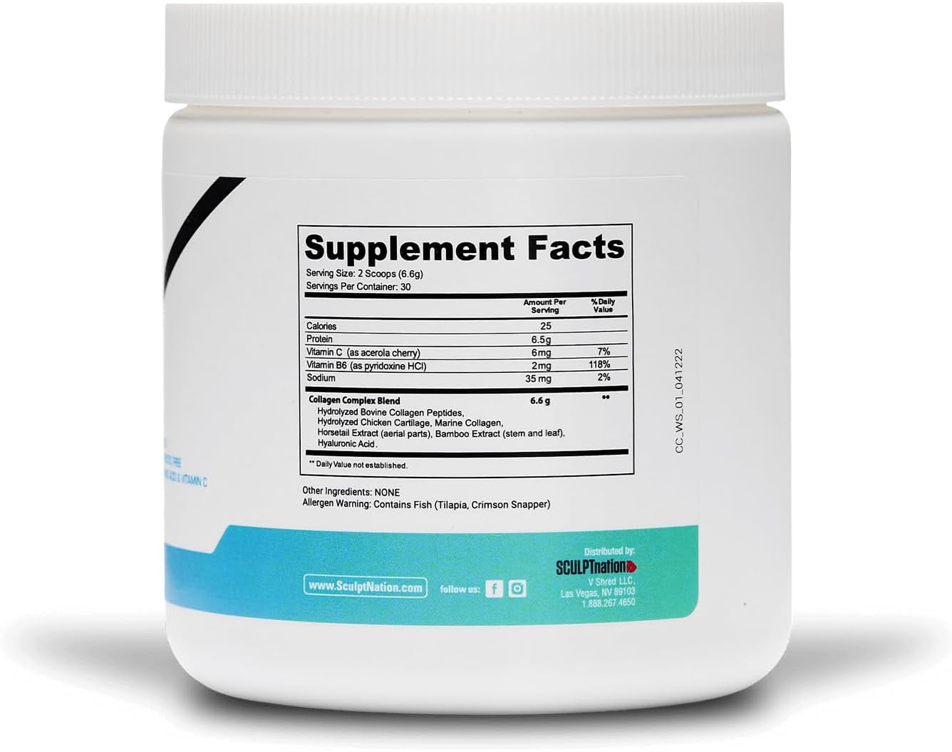 Sculpt Nation Collagen Peptides Powder Types I II III with Hyaluronic Acid, Hair Skin Nails and Joint Support, Unflavored, 30 Day Supply, 7.0 oz
