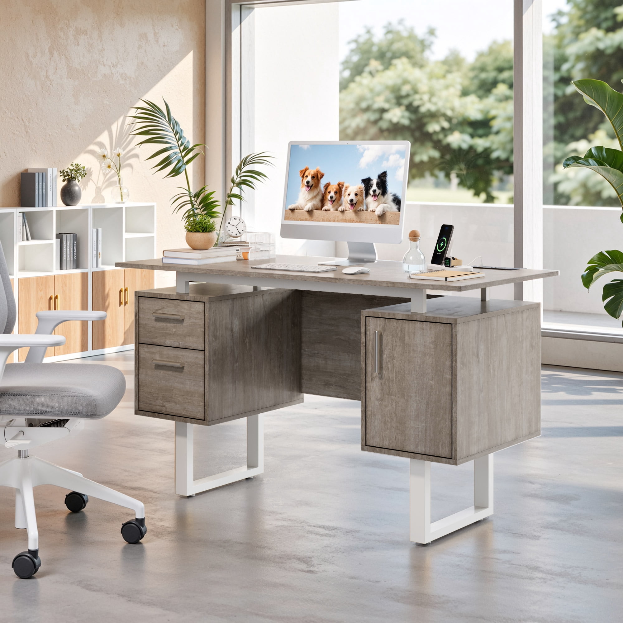 Furnibear Computer Desk with 2 Drawers and Storage Cabinet, Modern Home Office Desk with Built-in Outlets, USB Ports, Gray