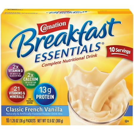 Carnation Breakfast Essentials Powder Drink Mix, Classic French Vanilla, 1.26 oz. Packets, 10