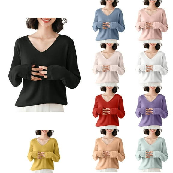 Ahuyic Womens Long Sleeved Blouse V-Neck Fall/Winter Warm Tops For Women, Womens Solid Color Knitwear Long Sleeved Blouses V-Neck Fashionable Casual,XL