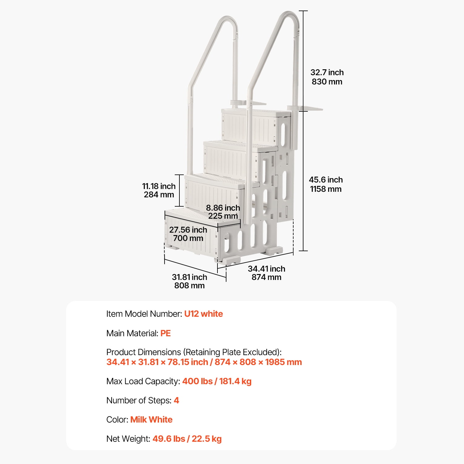 KFFKFF 4-Step Pool Steps Above Ground, Anti-slip Pool Ladder with Dual Handrailss, Supports up to 400 lbs, Suitable for 48-54 Inch Inground & Above-ground Pools, Creamy White