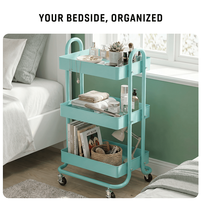 Fenbeli 3-Tier Metal Rolling Utility Cart with Wheels, blue, 18"L x 13.4"W x 31"H