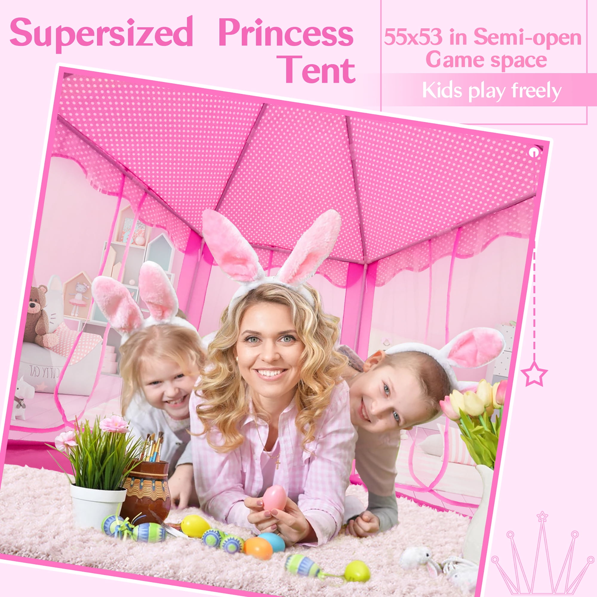 SISTICKER Princess Kids Tent for Girls Toddlers Large Playhouse with Star Lights Indoor Outdoor Polyester Toys