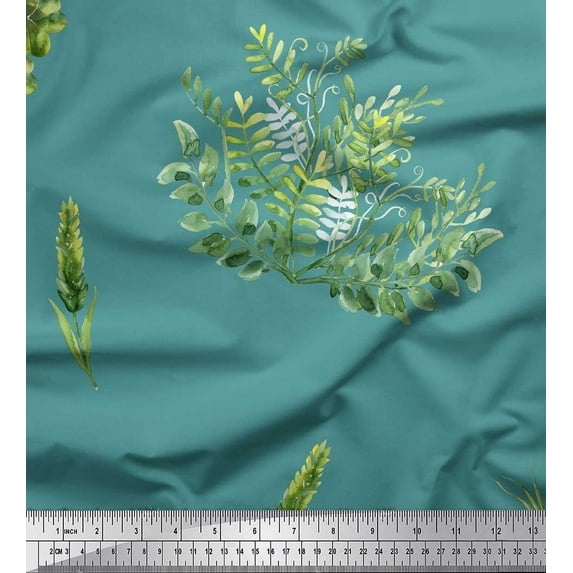 Soimoi Blue Velvet Fabric Wheat & Clover Leaves Decor Fabric Printed Yard 58 Inch Wide