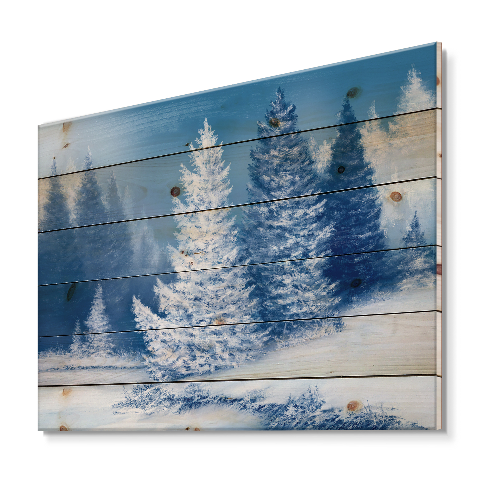 Designart 'Snow Covered Trees With Dreamlike Spruce Forest' Lake House Print on Natural Pine Wood