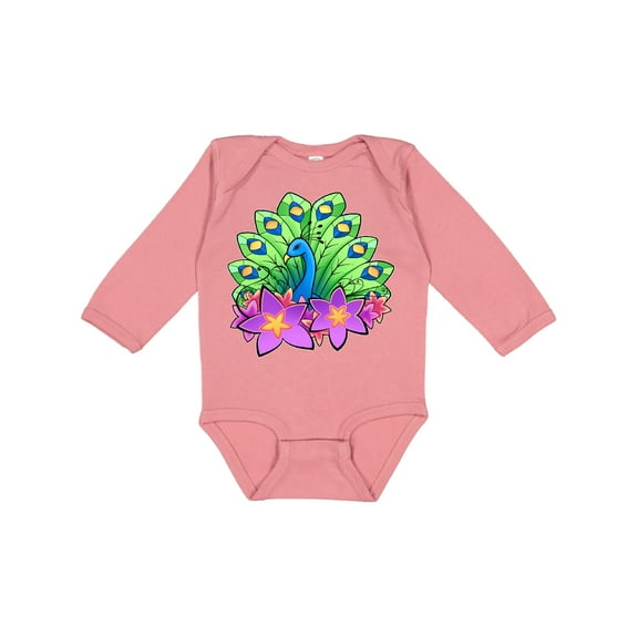 Inktastic Peacock and flowers Boys or Girls Long Sleeve Baby Bodysuit