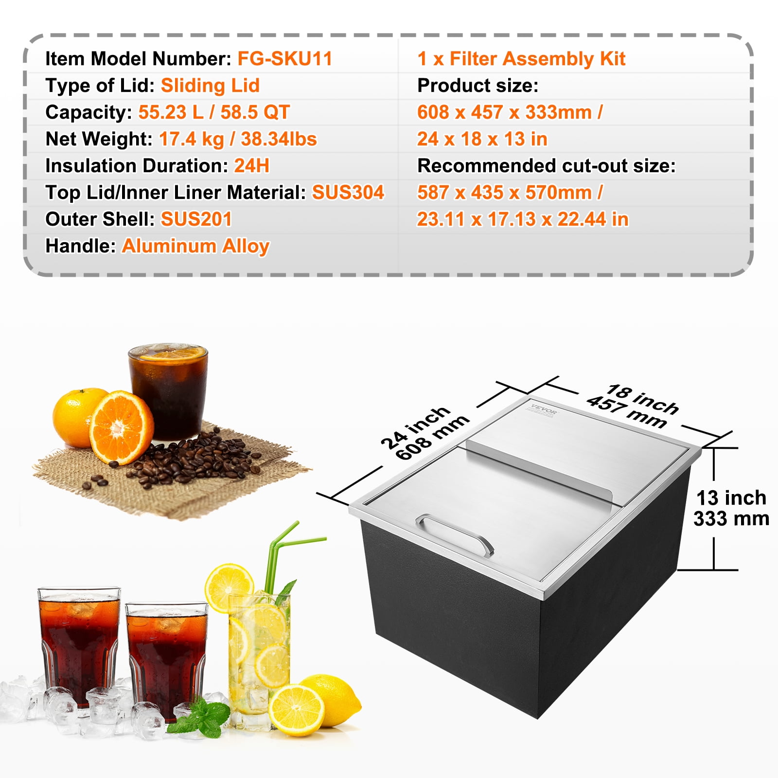 KFFKFF 24"x18"x13" Drop in Ice Chest Ice Cooler Ice Bin Stainless Steel w/Cover