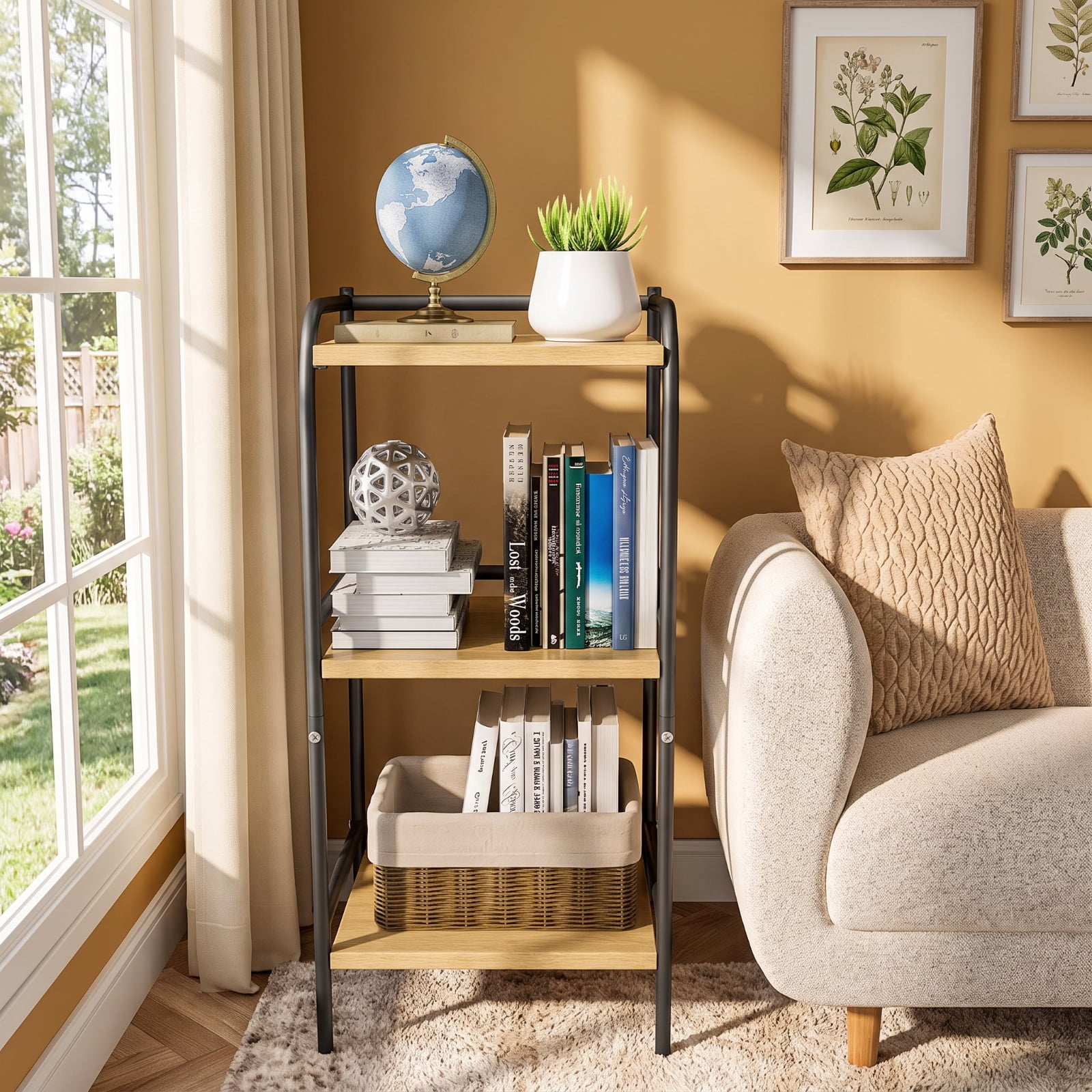 Fenbeli 3-Tier Industrial Bookshelf, Beige Wood and Black Metal Bookcase, Compact Storage Shelf for Living Room Office Kitchen and Small Spaces