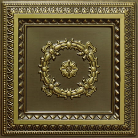 Dundee Deco's Rustic Antique Brass Traditional Glue Up/Drop In Ceiling Panels, 2 ft. X 2 ft. (4 sq ft.) each, Pack of 10