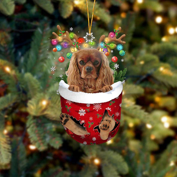 Acrylic 2D FLAT Cavalier King Charles Spaniel In Snow Pocket Christmas Ornament 1