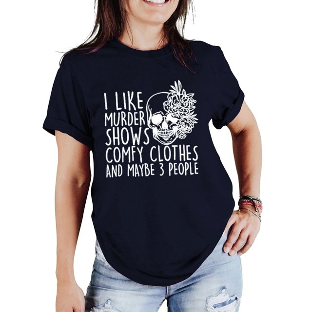 Camiseta de mujer negra de manga corta con cuello redondo y estampado blanco: estilo informal de moda, XXL