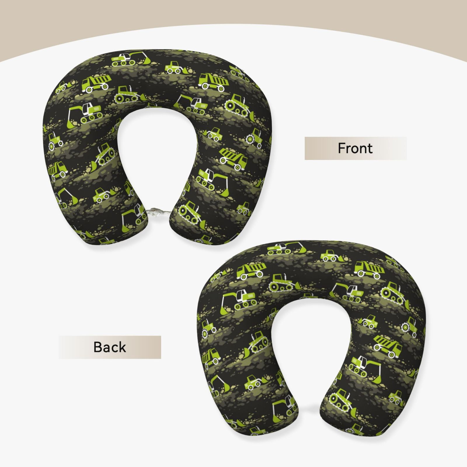 Xecao Light Green Excavator Print Memory Foam Cervical Neck Pillow Versatile U-Shaped Pillows for Home,Office,Camping,Travelling,Soft Washable Cover