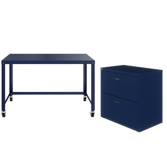 Home Square 2-Piece Set with Mobile Desk and Lateral File Cabinet in Navy