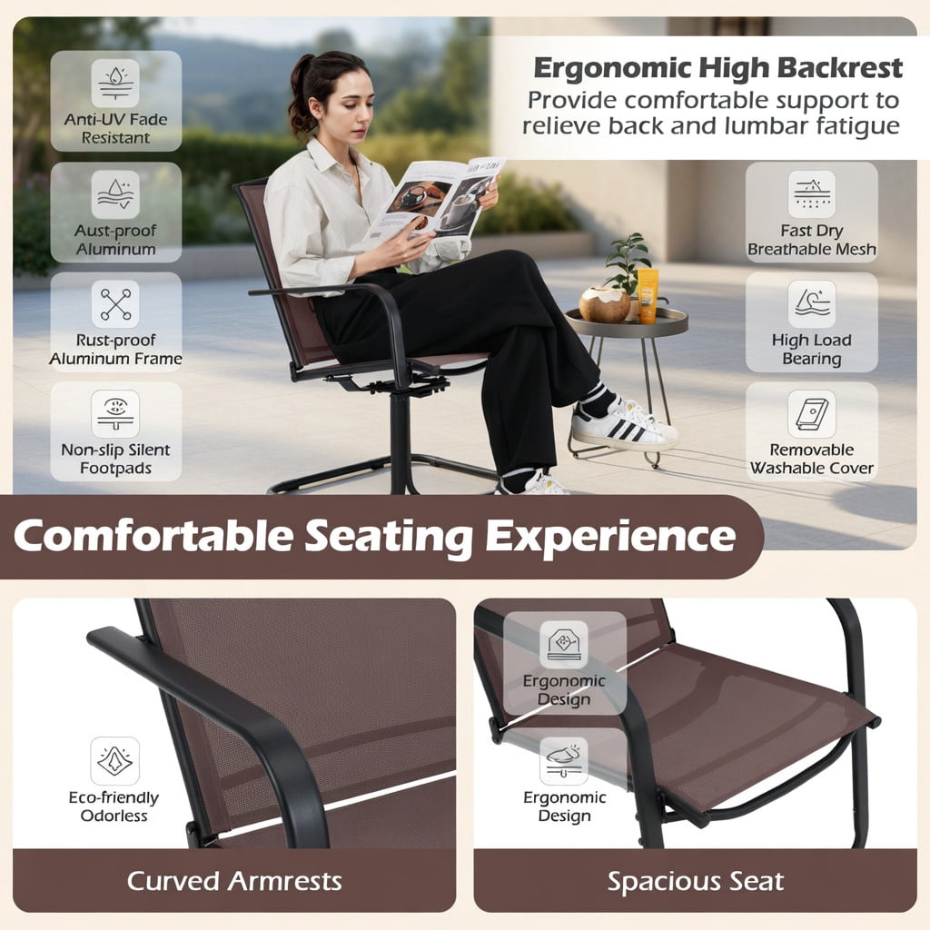 Hommoo 2-Piece Outdoor Swivel Chairs Set, High-Back Metal Patio Chairs with Breathable Mesh Seat, 360° Rotation & Gentle Rocking, Brown