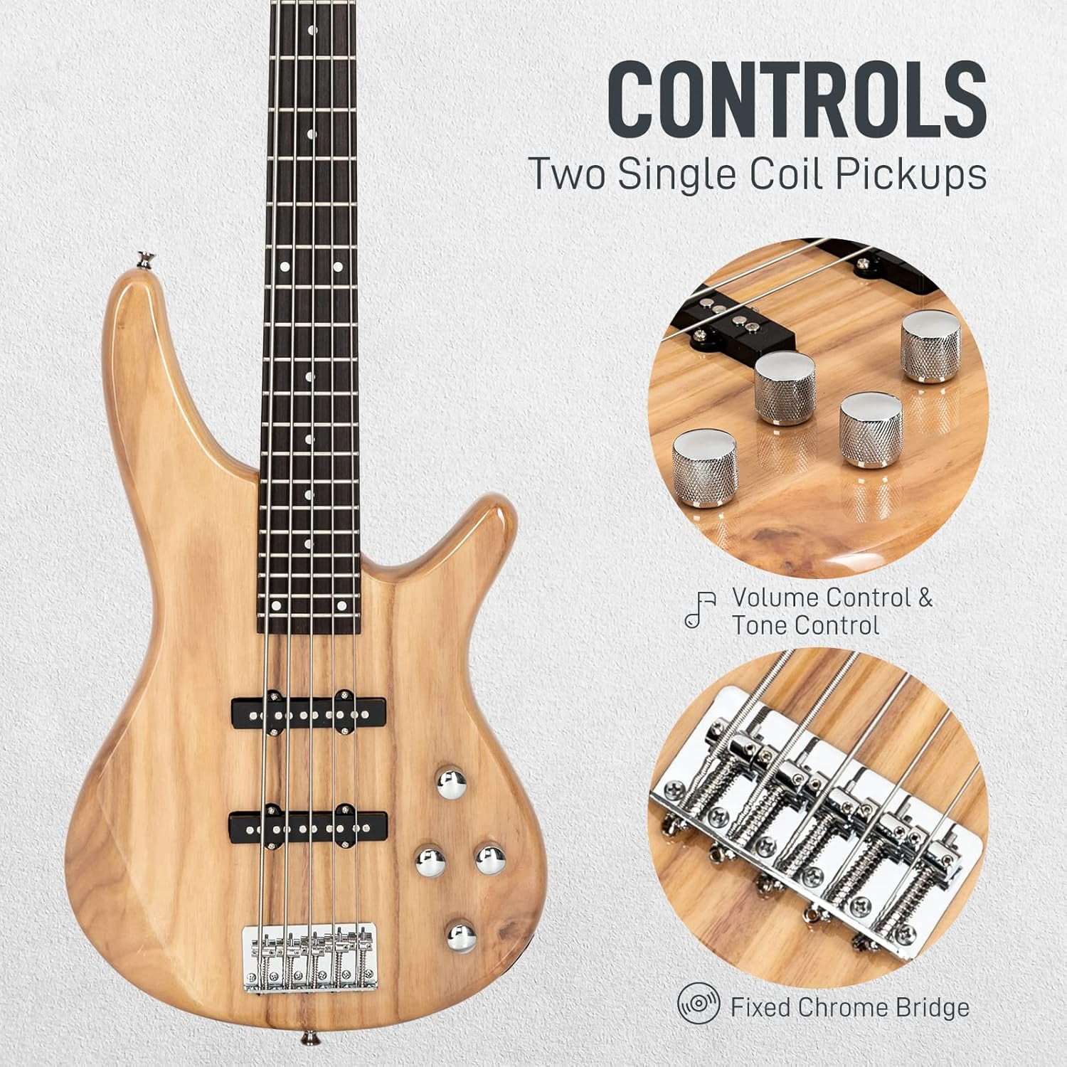 HarmonyStrings 5 String Electric Bass Guitar, Full Size Standard Right Handed Rosewood Fretboard Bass Kit with Gig Bag Strap Cable Wrench Tool Classic Burlywood