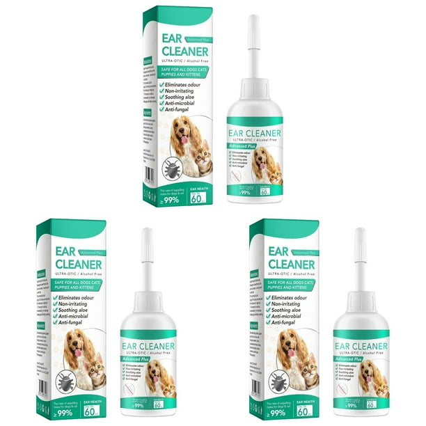 Limpiador de oídos para mascotas de 60 ml y eliminador de ácaros y hongos. Suave y seguro para perros y gatos. Previene infecciones de oído y otros problemas. Fácil de usar. *3 unidades.