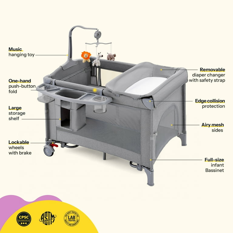 HARPPA 5 in 1 Portable Playard and Bassinet for Girl from Newborn to Toddler, Easy Folding, Pink