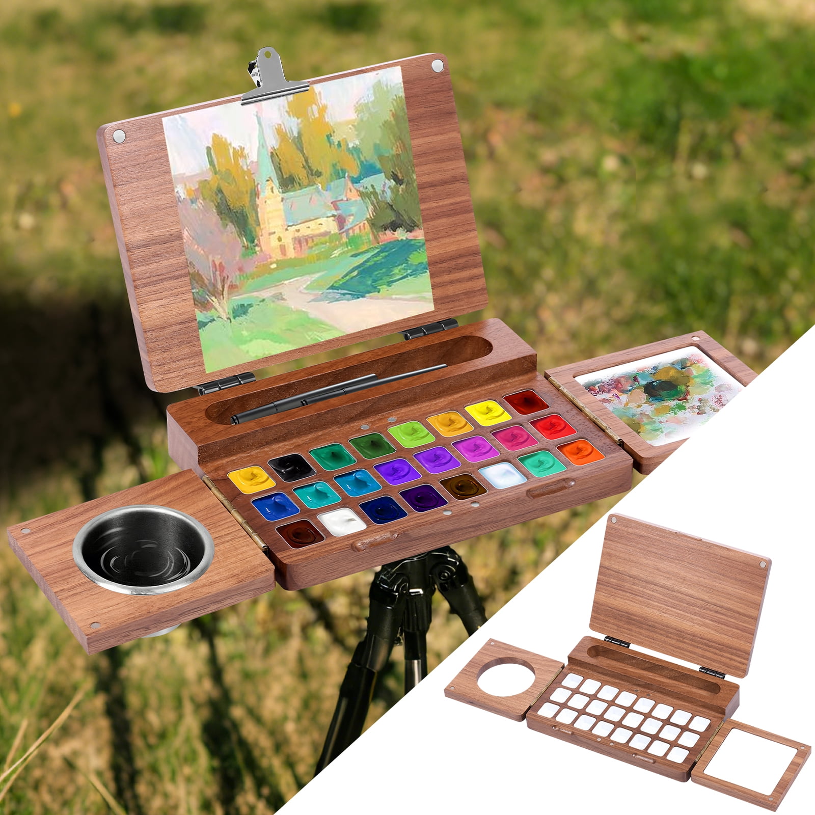 Threns Portable Travel Watercolor Paint Box – 24 Grids Wooden Foldable Watercolor Palette for Plein Air Painting - Designed for Travel Artist Painter