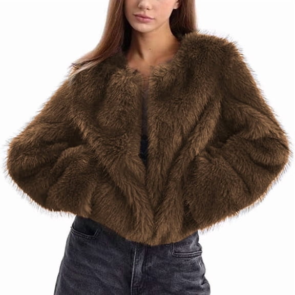 Women'S Faux Fur Long Sleeve Open-Front Winter Cropped Coat with Pockets Khaki S