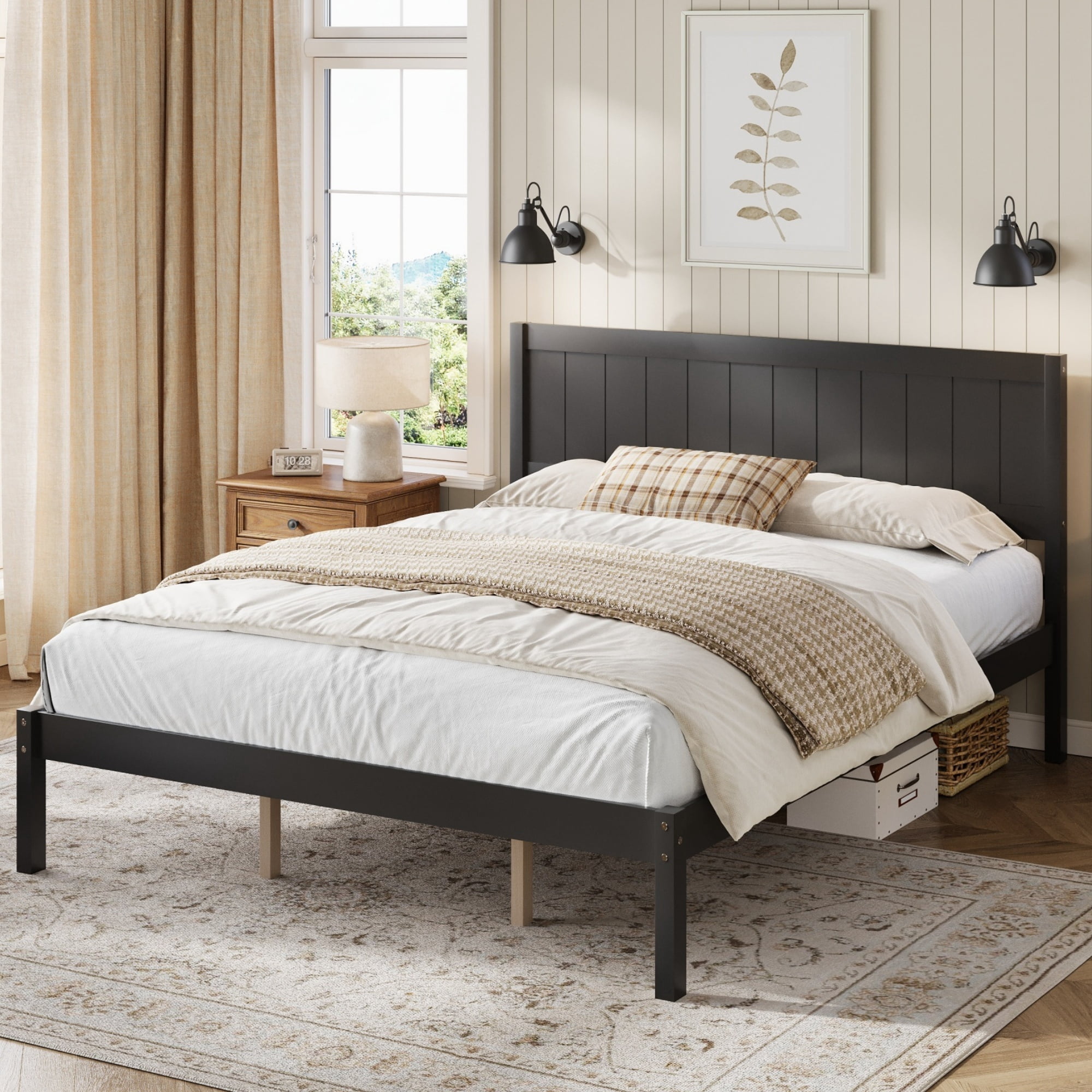 Leumius King Size Platform Bed Frame with Headboard, Wood Slat Support, No Box Spring Needed for Bedroom Guest Room Espresso