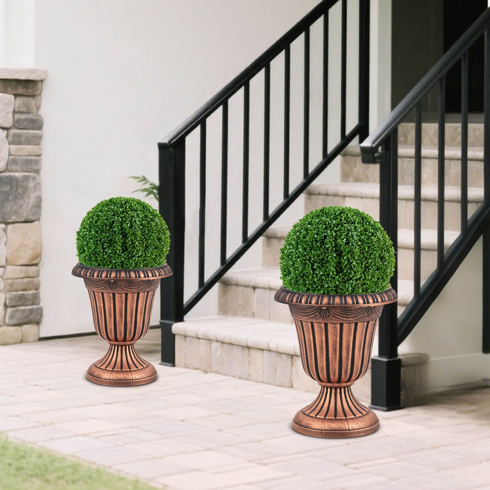 Costway 18 inch Tall Vintage Planters Set of 2 with Pedestal Base & Pre-marked Drain Hole Bronze
