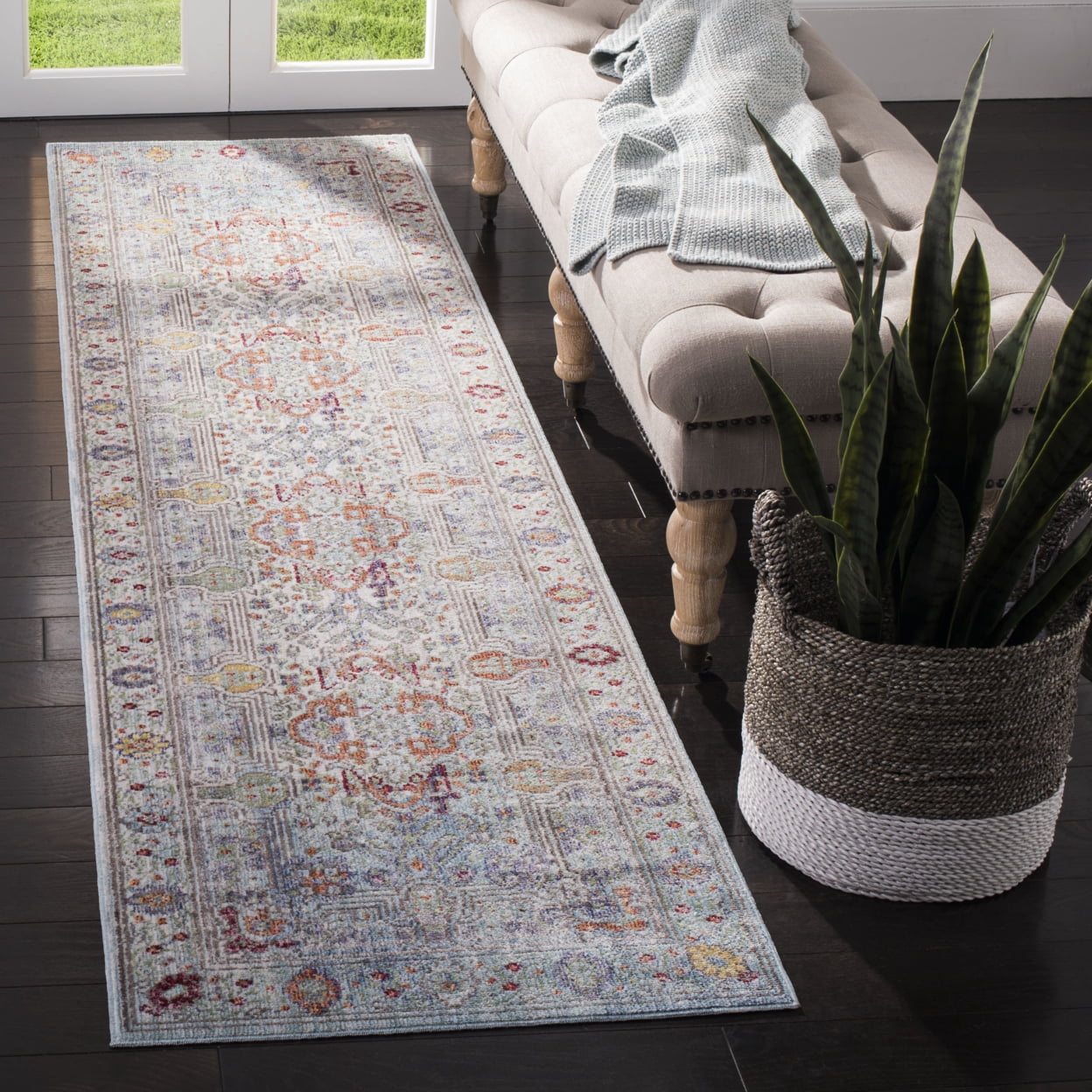 SAFAVIEH Valencia Joyce Bordered Oriental Polyester Runner Rug, Blue/Multi, 2'3" x 8'