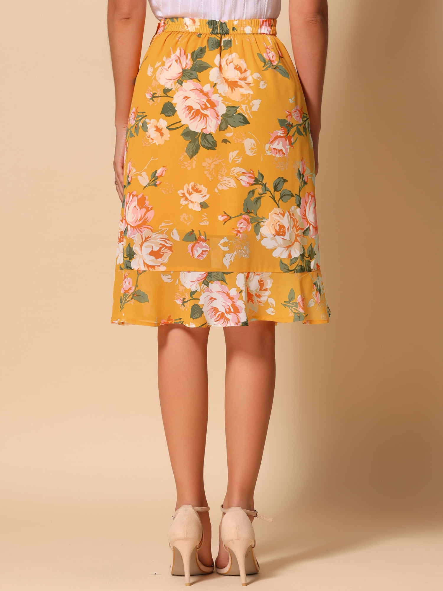 DARING DIVA Women's Floral Ruffle Hem Elastic Back Split Skirt L Yellow