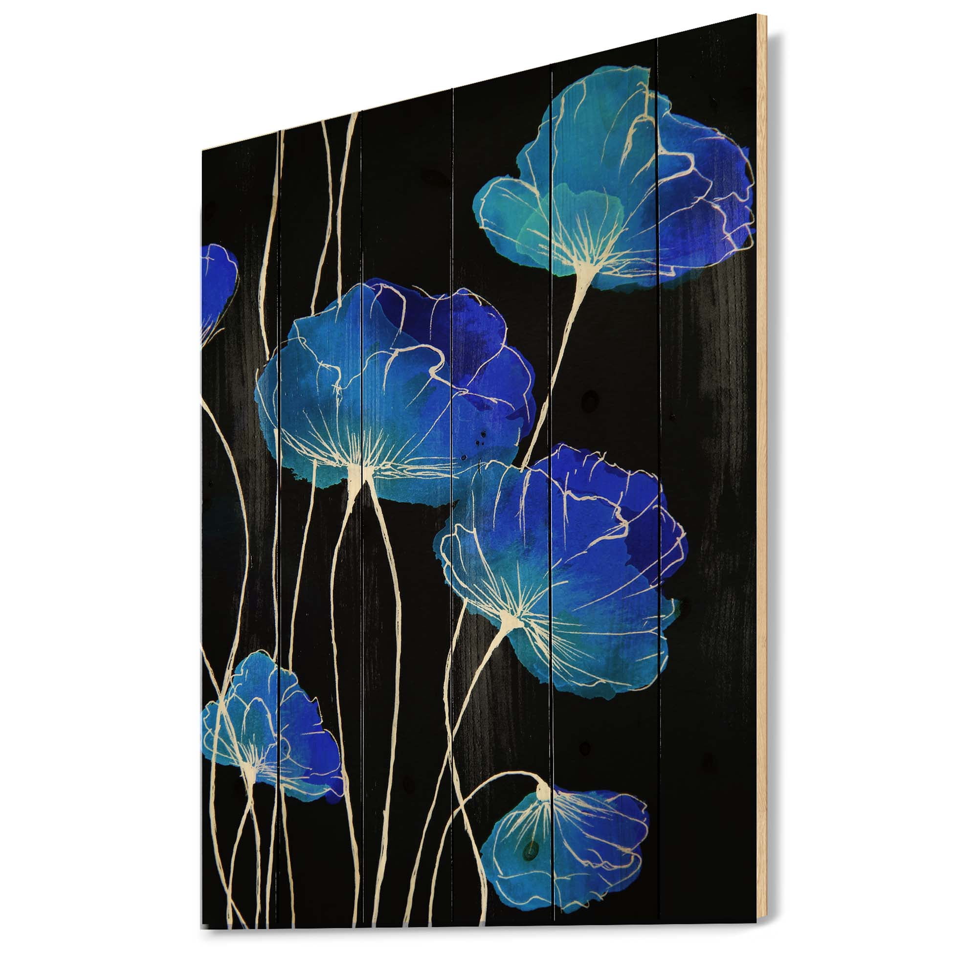 Designart 'Detail of Blue Flowers On Black Background II' Traditional Print on Natural Pine Wood