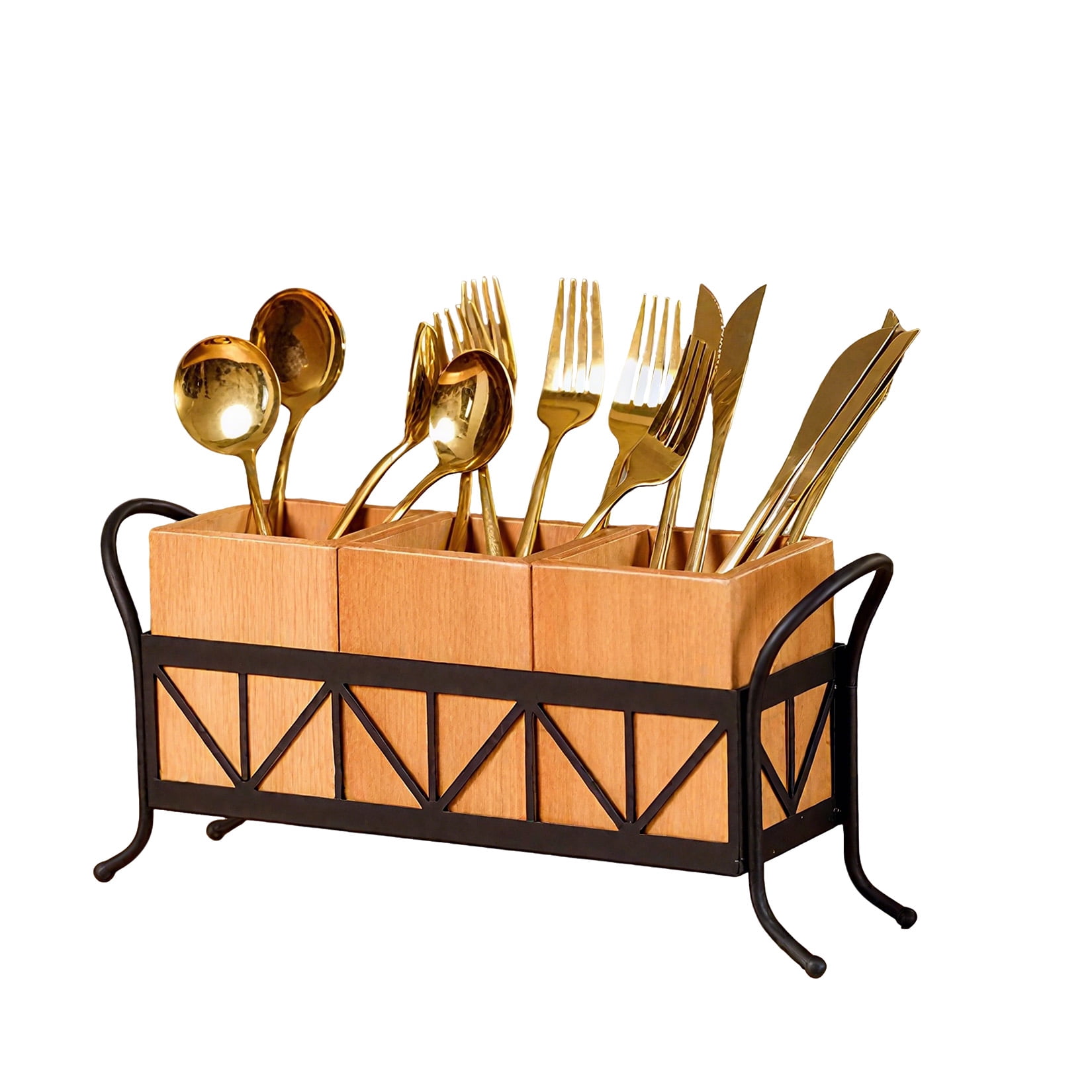 Waterproof Wooden Flatware Caddy Silverware Holder, Acacia Wood Utensil Holder with 3 Detachable Compartments & Handles, Fork Spoon Knife Organizer for Party BBQ