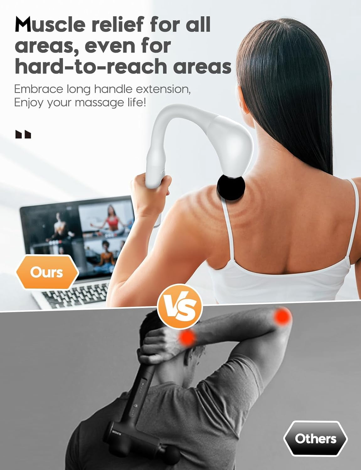 Deep Tissue Massage Gun with Extension Handle 10mm Percussion Muscle Massager for Neck Shoulders Back Legs Portable Pain Relief Device