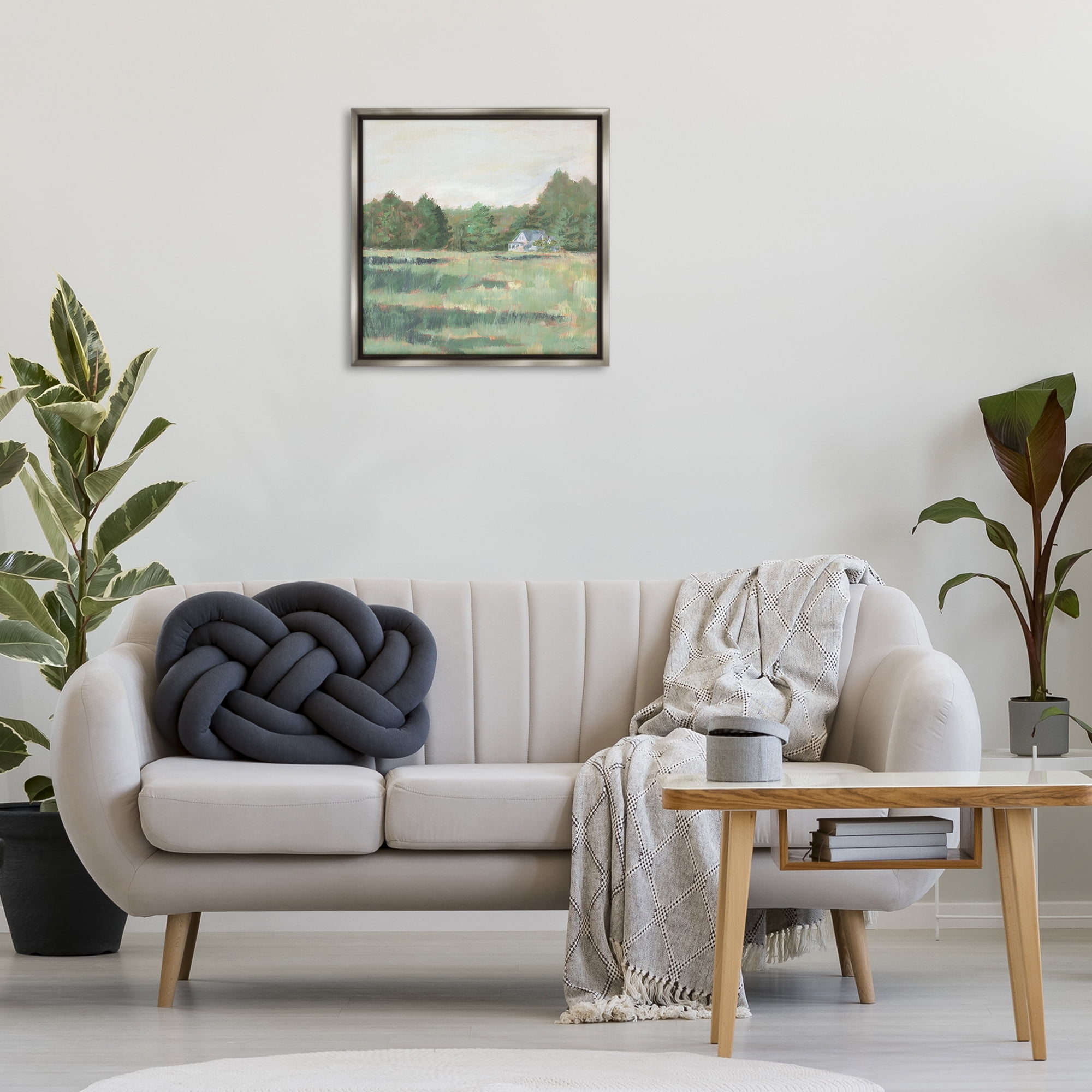 Stupell Industries Farmhouse Across Meadow Landscape Painting Gray Floater Framed Art Print Wall Art, 25 x 25