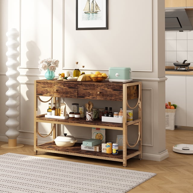 Industrial Narrow Console Table with Drawers and Shelves – Rustic Wood and Metal Frame – Perfect for Behind Sofa, Entryway, Living Room, Hallway, or Kitchen
