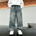 thumbnail image 2 of YunPes Boys Trendy Baggy Denim Pants Frayed Star Patch Wide Leg Jeans Vintage Y2K Casual Trousers Teen Harajuku Grunge Jeans, 2 of 9