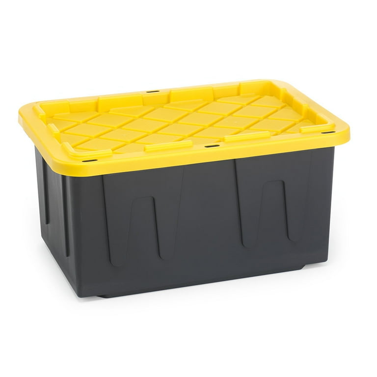 HDX 27 Gal. Tough Storage Tote in Black with Yellow Lid HDX27GONLINE(5) -  The Home Depot