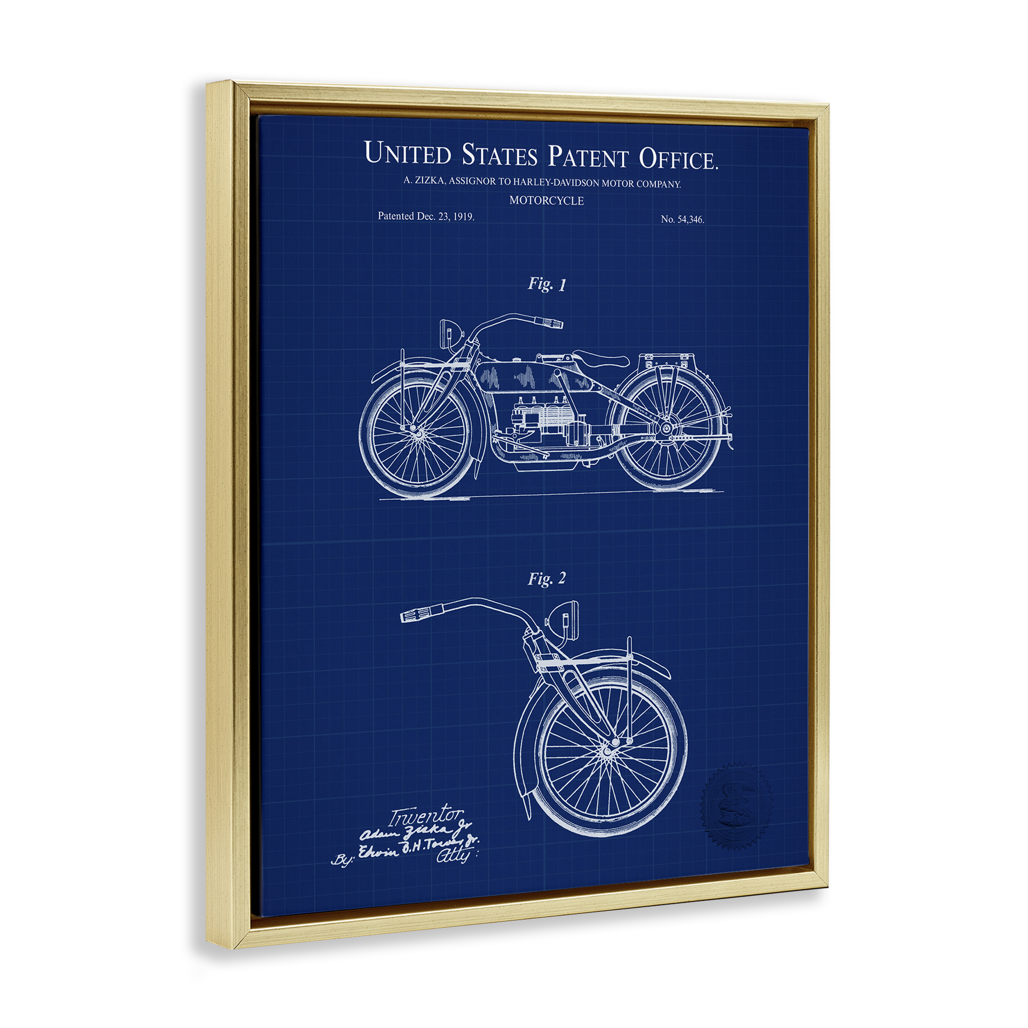 Stupell Industries Detailed Motorcycle Blueprint Transportation Painting Gold Floater Framed Art Print Wall Art, 25 x 31