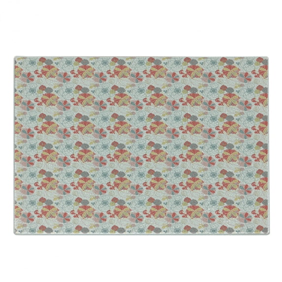 Floral Cutting Board, Retro Warm Colored Plants Season Flowers Abstract Lines Circles Swirls Image, Decorative Tempered Glass Cutting and Serving Board, Small Size, Coral Yellow Grey, by Ambesonne