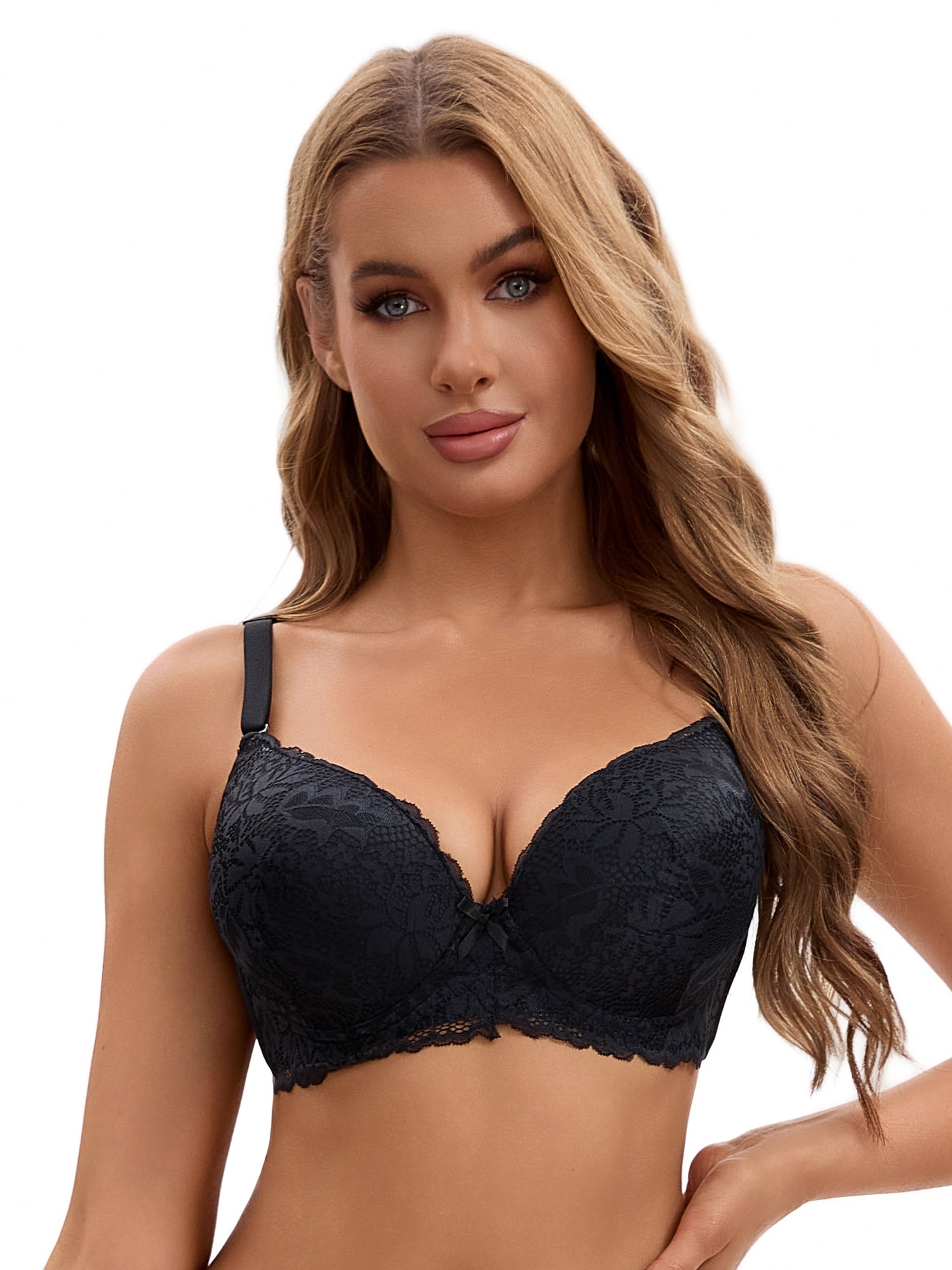 Unique Bargains Lace Push Up Bras 3 Pcs D 44 Blue/Wine Red/Black