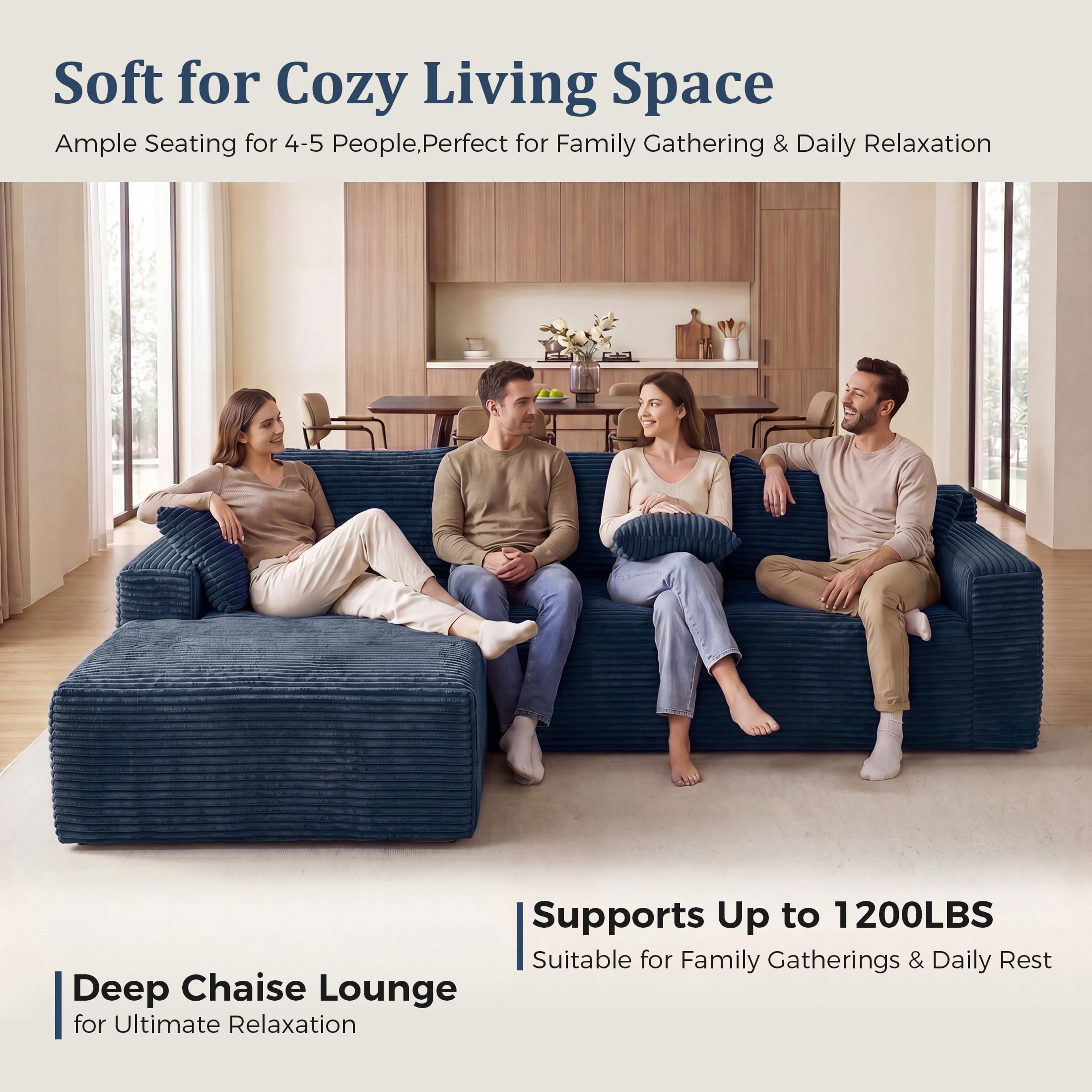 Aenkyo 95 Inch Corduroy L-Shaped Modular Sectional Sofa, Left Chaise, Blue