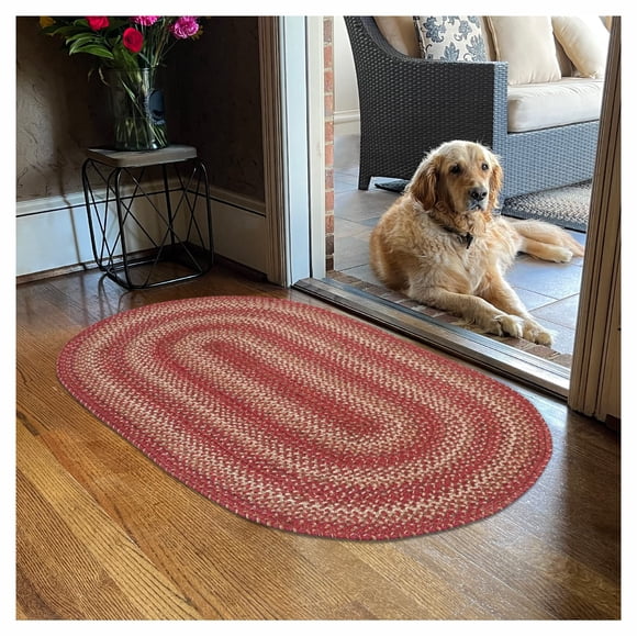 Homespice Apple Pie Oval Braided Rugs 27x45 - Jute Braided Red and White Kitchen Rugs for Country Decor, Rich Colors, Reversible, Low Maintenance No-